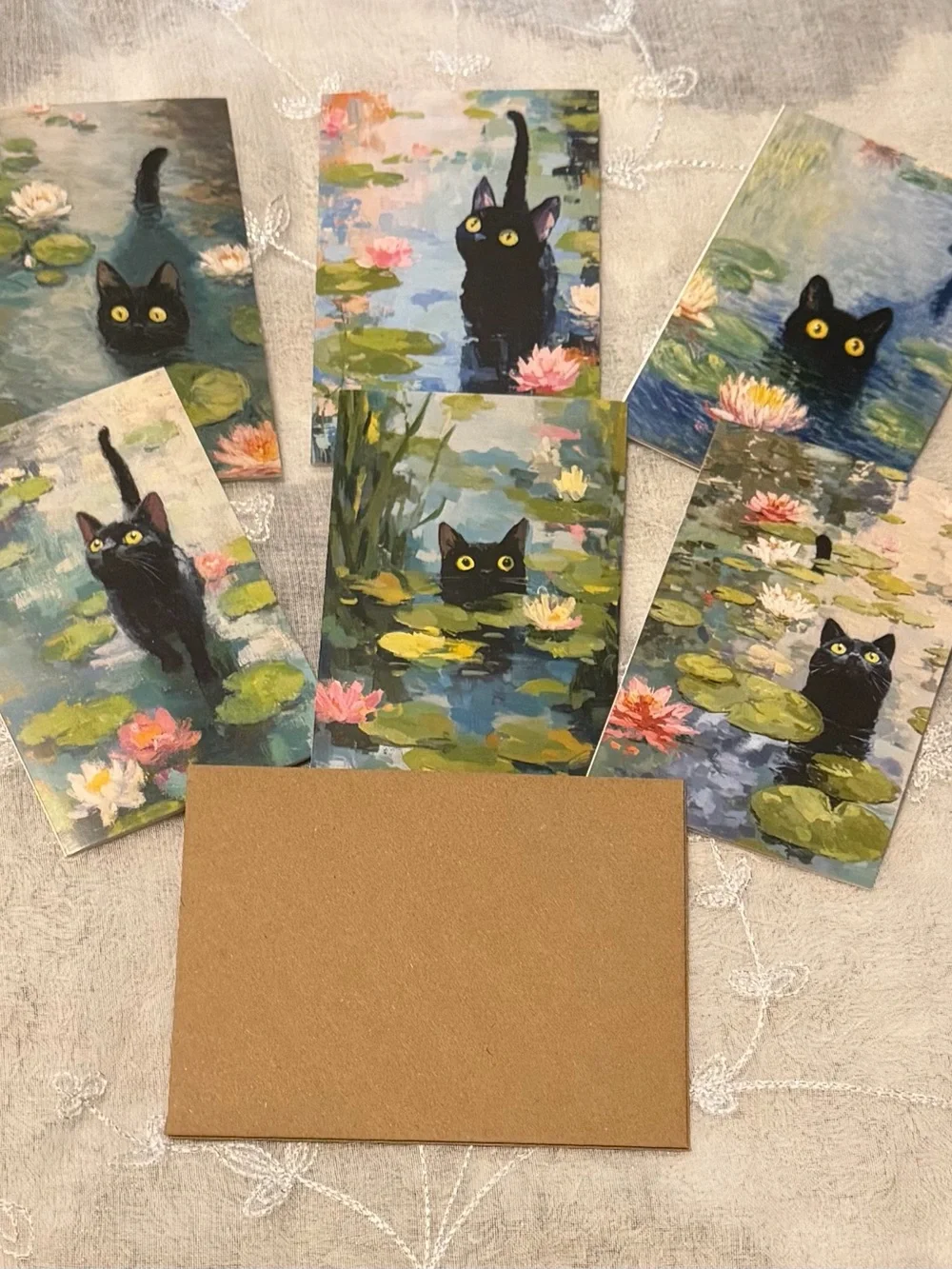 Black Cat Waterlilies Note Cards - Set of 6